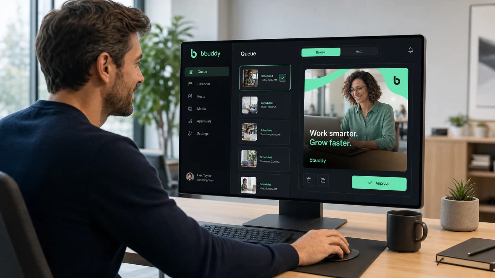 A professional approving queued bbuddy social media posts from a desktop dashboard
